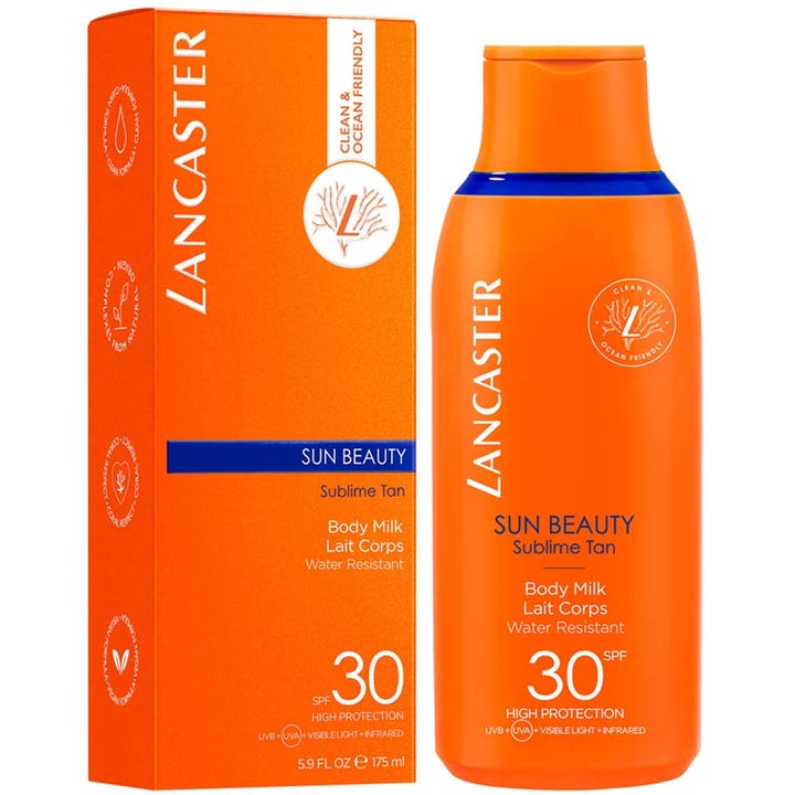 Lancaster Sun Beauty Body Milk 175 ml fuktighetsgivende solkrem SPF 30 i oransje flaske og eske