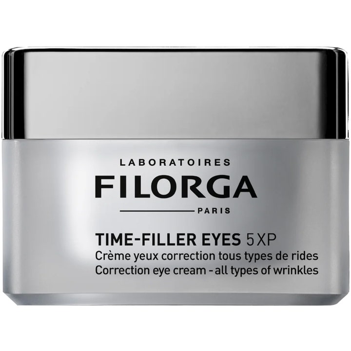 Filorga Time-Filler Eyes 5XP korrigerende øyekrem mot rynker i en firkantet sølvfarget krukke med blankt lokk.