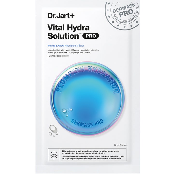 Dr.Jart+ Vital Hydra Solution PRO 26 g fuktighetsgivende sheetmaske som gir glød i hvit sachet med blått sirkelmotiv