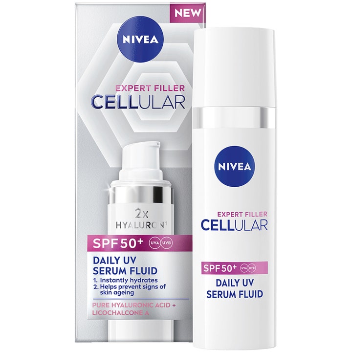 Nivea Cellular Expert Filler Daily UV Serum Fluid SPF 50+ med hyaluronsyre i hvit pumpeflaske og eske med sølvdetaljer