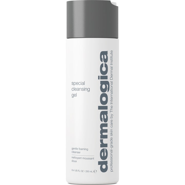 Dermalogica Special Cleansing Gel 250 ml mild ansiktsrens som fjerner urenheter i hvit sylindrisk flaske med grått lokk