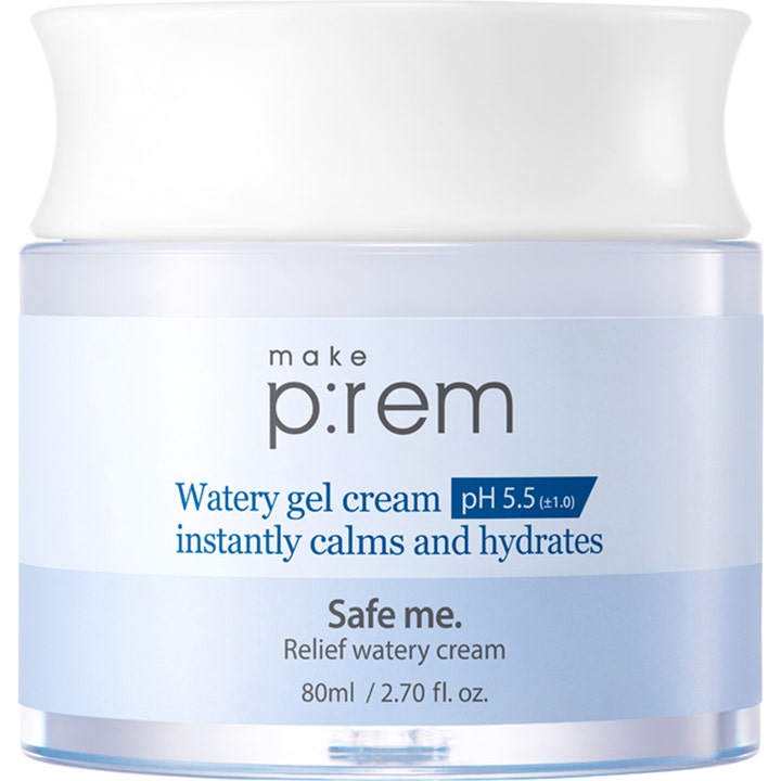 make p:rem Safe me. Relief watery cream 80ml fuktighetsgivende gelkrem i lyseblå krukke med hvitt buet lokk