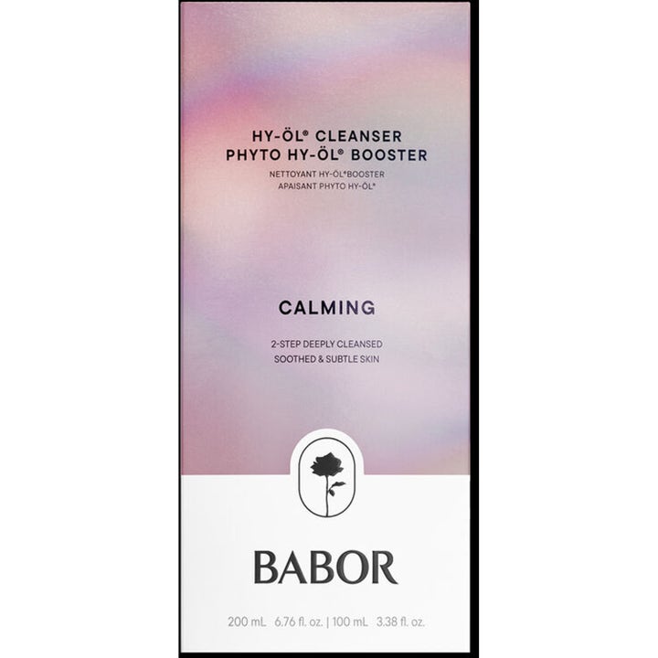 Babor Hy-Öl Cleanser & Phyto Hy-Öl Booster 200 ml og 100 ml beroligende ansiktsrens i lilla og rosa eske med rose-ikon.