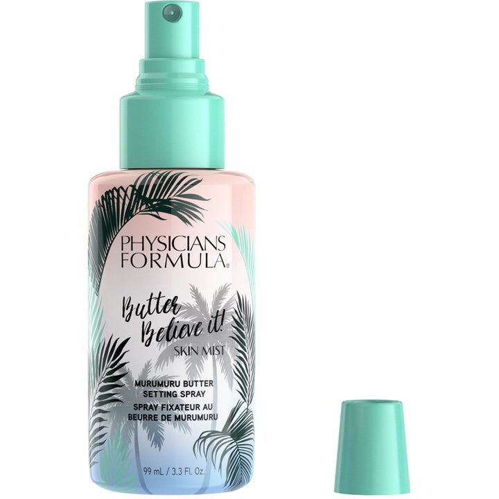 Physicians Formula Butter Believe It! Skin Mist 99 ml fuktighetsgivende ansiktsspray i flaske med turkis pumpe og tropisk palmedesign.