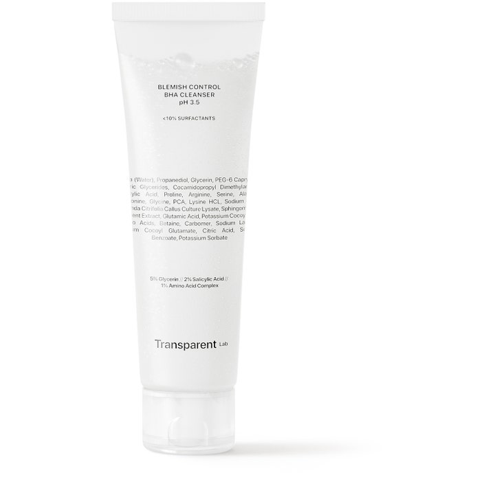 Transparent Lab Blemish Control BHA Cleanser 150ml eksfolierende ansiktsrens i hvit semitransparent tube med gel.