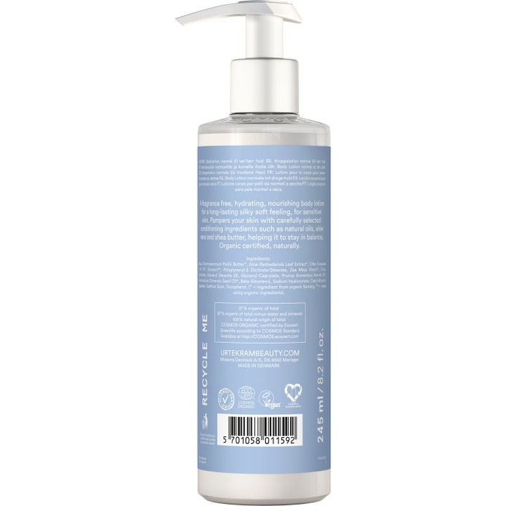 Urtekram Body Lotion Fragrance Free 245 ml fuktighetsgivende kroppslotion viser baksiden med ingredienser og sertifiseringer