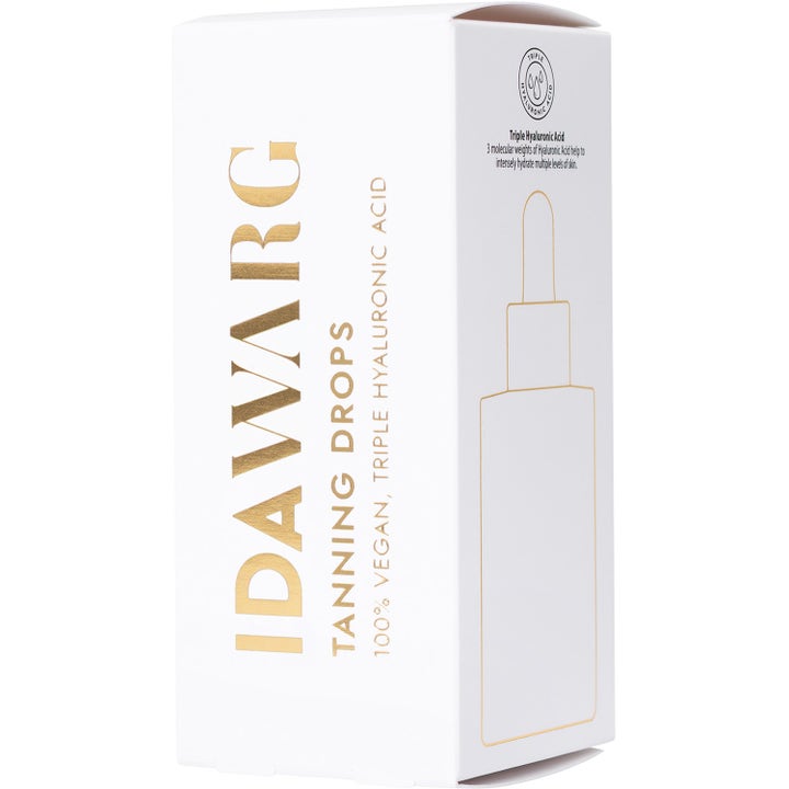 IDA WARG Beauty Tanning Drops 45 ml vegansk selvbruning i hvit ytteremballasje med gulltekst og trippel hyaluronsyre