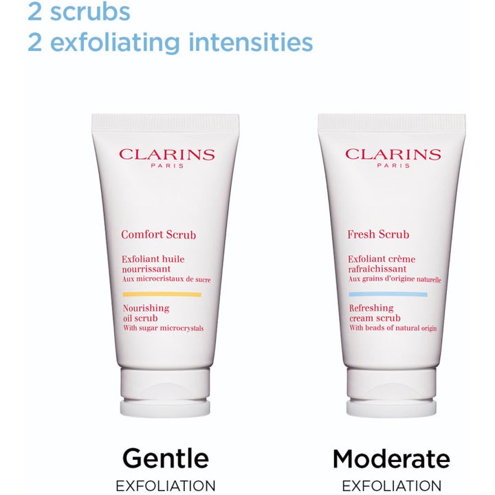 Clarins Fresh Scrub 50 ml ansiktsskrubb i hvit tube vist med Comfort Scrub for to ulike intensiteter.