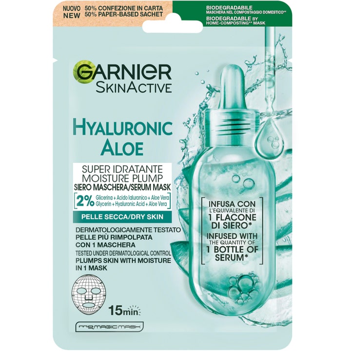 Garnier SkinActive Hyaluronic Aloe Moisture Plump 1 stk fuktgivende arkmaske i lyseblå papirpose med bilde av serumflaske
