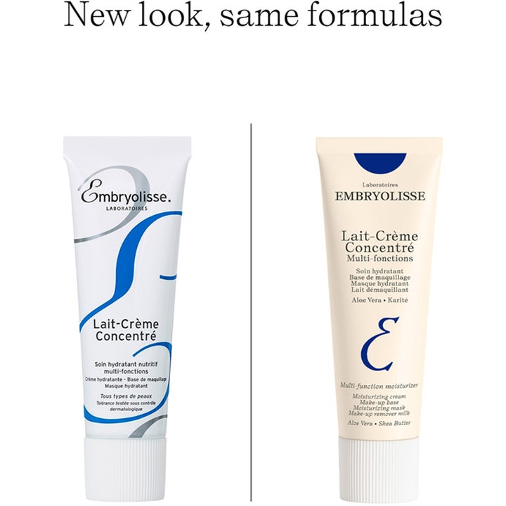 Embryolisse Lait-Crème Concentré 30 ml fuktighetsgivende ansiktskrem viser gammelt og nytt design på tubene.