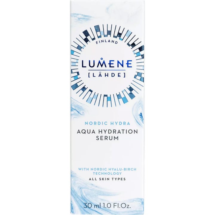 Lumene Nordic Hydra Aqua Hydration Dew Serum 30 ml fuktighetsgivende ansiktsserum i hvit eske med blått vannmønster
