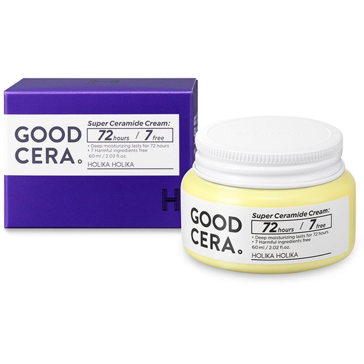 Holika Holika Good Cera Super Ceramide Cream 60 ml fuktighetsgivende ansiktskrem i gul krukke og lilla eske merket 72 hours