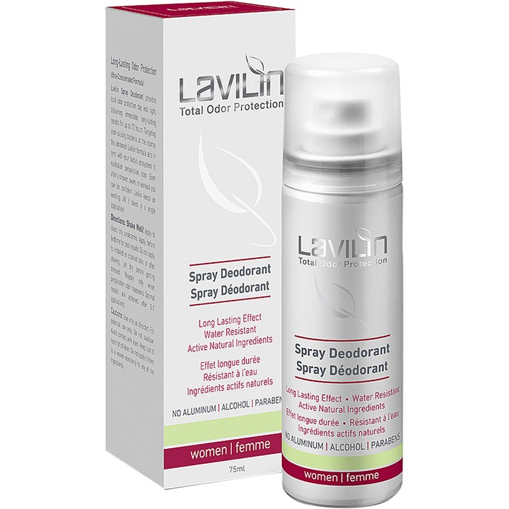 Lavilin Total Odor Protection Spray Deodorant 75 ml gir langvarig beskyttelse i hvit sprayflaske og eske med røde detaljer