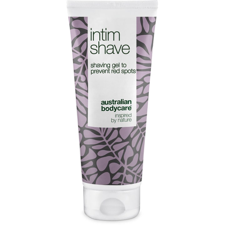 Australian Bodycare Intim Shave barbergele som motvirker røde nupper i hvit tube med lilla bladmønster