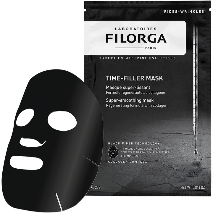 Filorga Time-Filler Mask 23 g utjevnende sheetmask med kollagen vist som en svart maske ved siden av emballasjen