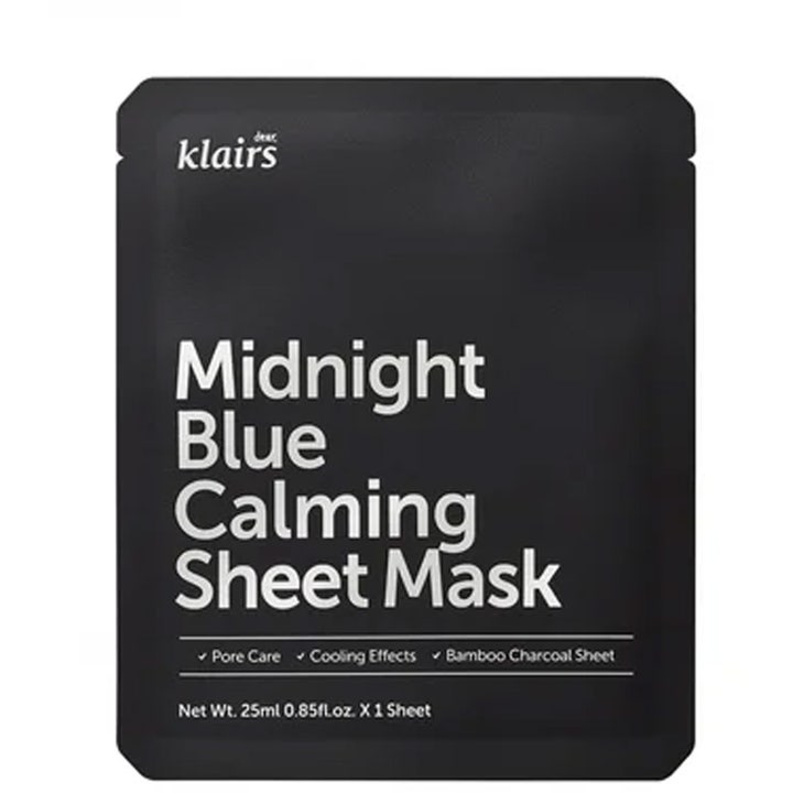 Klairs Midnight Blue Calming Sheet Mask 25ml beroligende ansiktsmaske i en svart sachet med hvit tekst