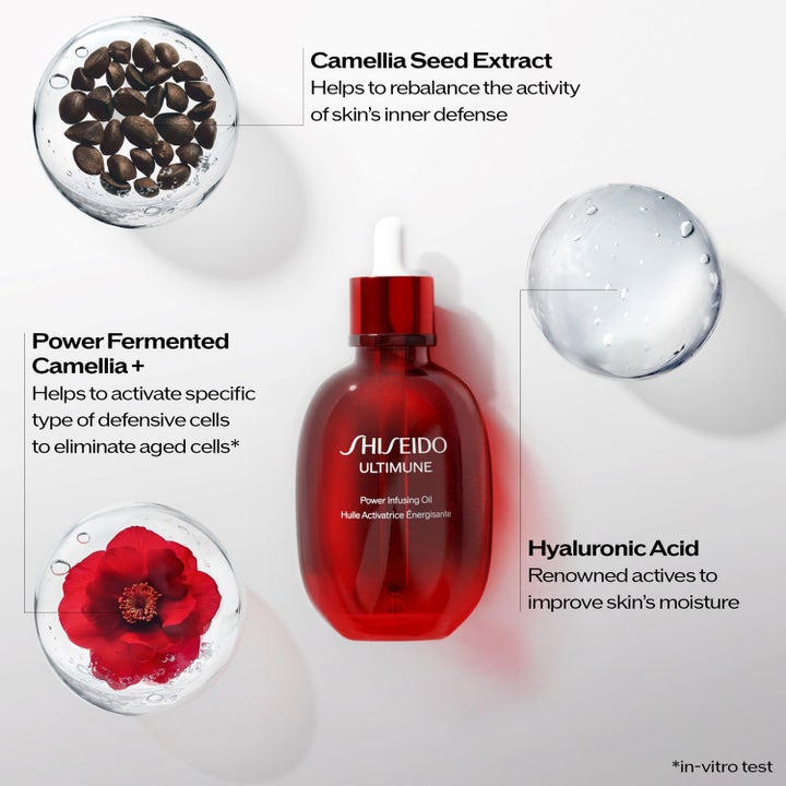 Shiseido Ultimune Power Infusing Oil 75 ml ansiktsolje i rød flaske med ingredienser som kamelia og hyaluronsyre.