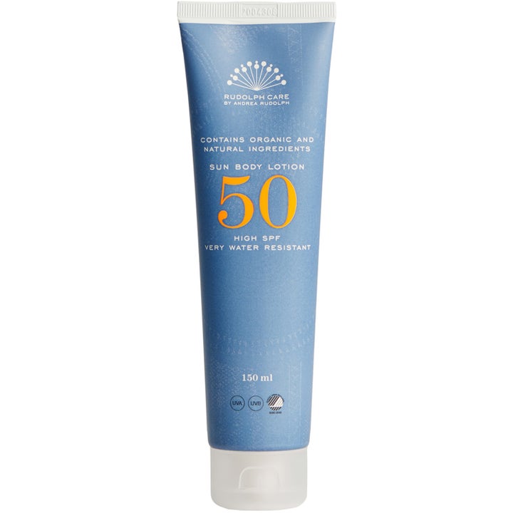 Rudolph Care Sun Body Lotion 150 ml vannresistent solkrem som beskytter huden i blå tube med hvit kork
