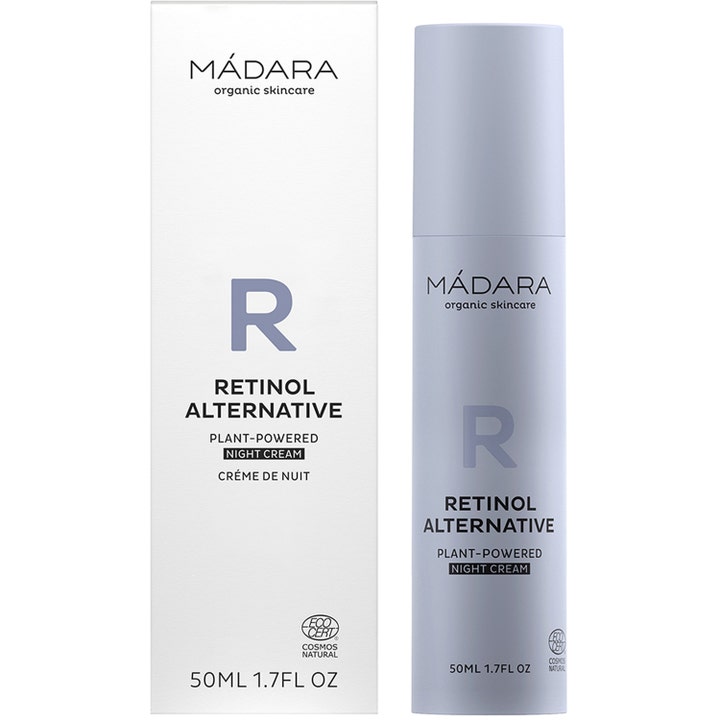 MÁDARA RETINOL ALTERNATIVE 50 ml nattkrem i lilla flaske med hvit eske gir fornyet glød.