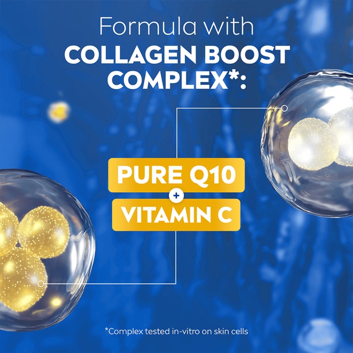 NIVEA Q10 Vitamin C Body Lotion 250 ml kroppspleie viser Collagen Boost Complex med Pure Q10 og Vitamin C bobler