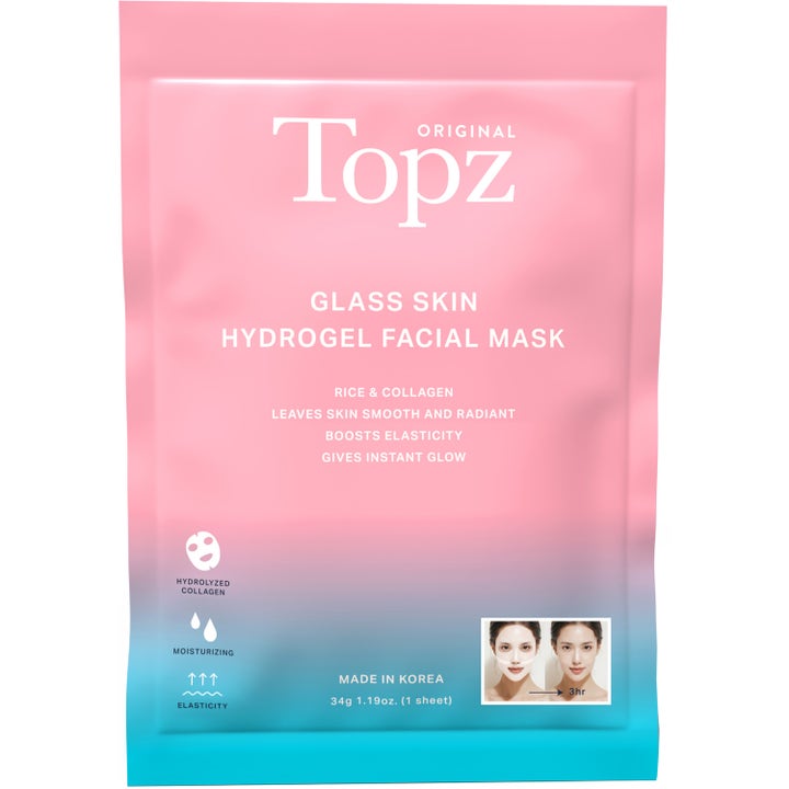Topz Glass Skin Hydrogel Facial Mask 34g ansiktsmaske med kollagen i en rosa og blå sachet som gir umiddelbar glød.