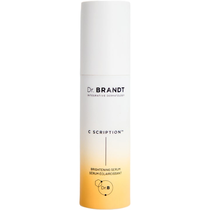 Dr. Brandt C Scription 30ml opplysende serum med C-vitamin i hvit sylindrisk flaske med oransje bunn.