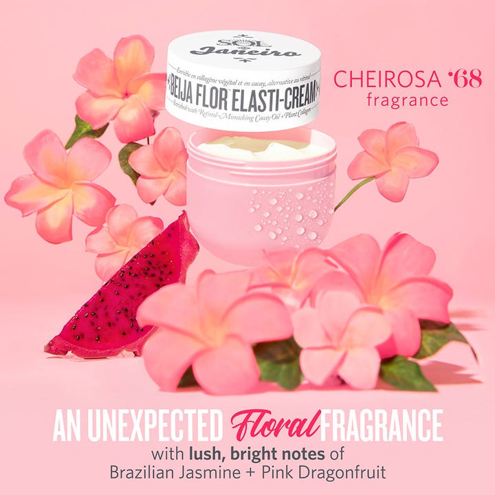 Sol de Janeiro Beija Flor Elasti Cream 75 ml oppstrammende kroppskrem med kollagen i rosa krukke med blomster