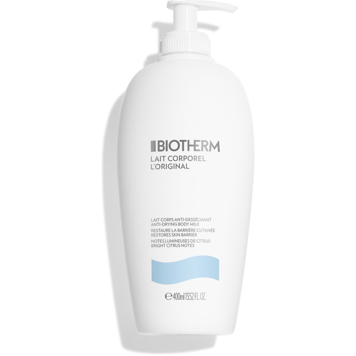 Biotherm Lait Corporel L'Original 400ml fuktighetsgivende bodylotion i hvit pumpeflaske med lyseblått bølgemotiv