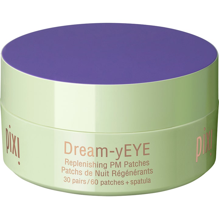 Pixi Dream-y EYE 60 patches beroligende øyepatcher for natten i en lysegrønn krukke med lilla lokk.