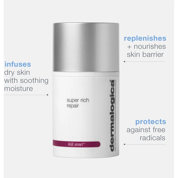 Dermalogica Super Rich Repair 50 ml nærende ansiktskrem i hvit pumpeflaske med sølvlokk som styrker hudbarrieren.