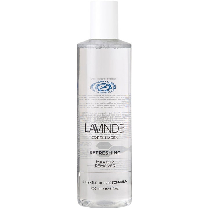 Lavinde Copenhagen Refreshing Makeup Remover 250 ml skånsom sminkefjerner i klar flaske med hvit kork og oljefri formel
