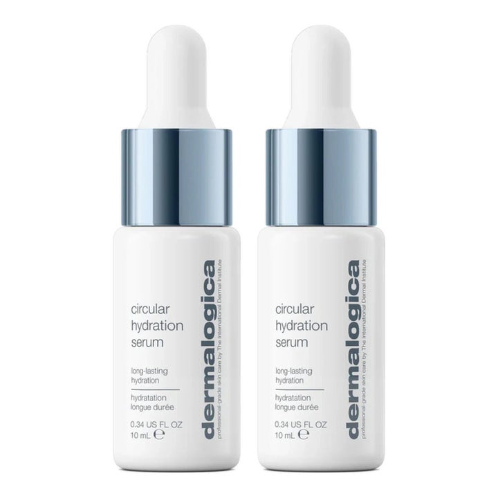 Dermalogica Circular Hydration Serum 10 ml fuktgivende serum i to hvite flasker med hvit pipette og sølvkrage