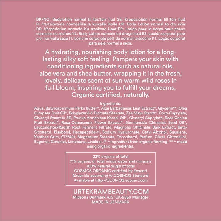Urtekram Body Lotion Soft Wild Rose 245 ml fuktighetsgivende hudkrem baksiden med ingrediensliste og sertifisering