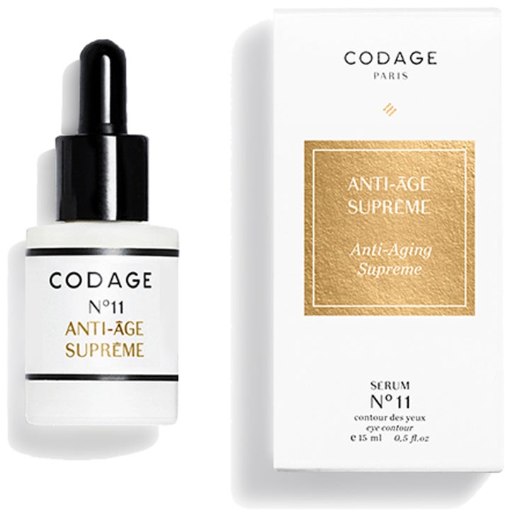 Codage N°11 Anti-Âge Suprême 15 ml anti-age øyeserum i hvit flaske med sort pipette ved hvit eske med gulldetaljer