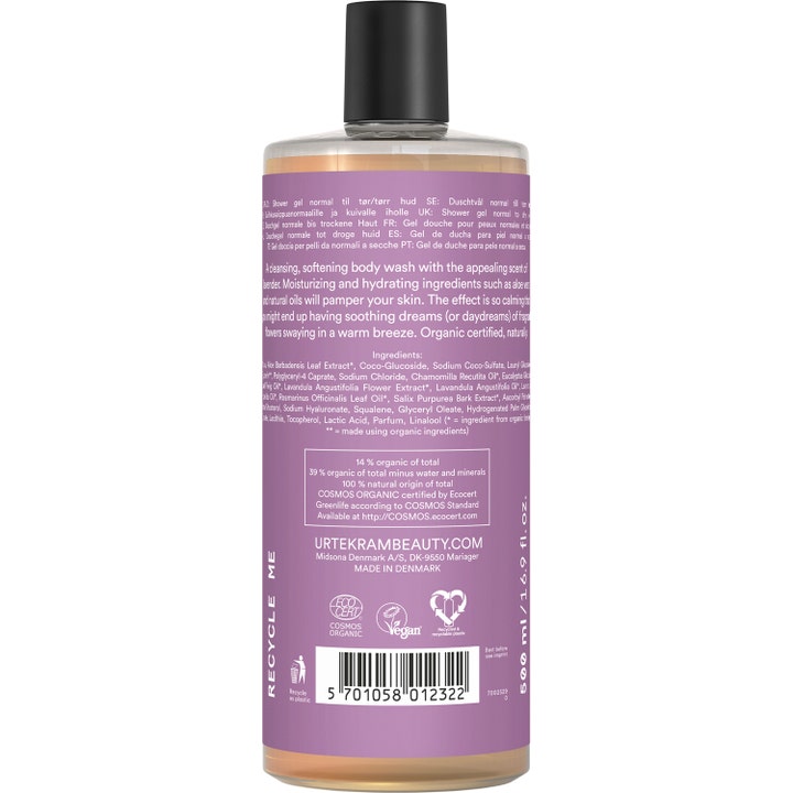 Urtekram Soothing Lavender Body Wash 500 ml beroligende dusjsåpe baksiden av lilla flaske med ingredienser og miljømerking