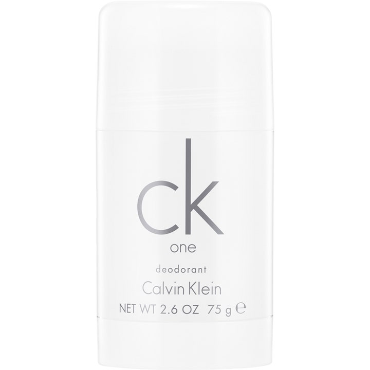 Calvin Klein ck one 75 g deodorant stick som gir friskhet i en hvit minimalistisk beholder med grå tekst