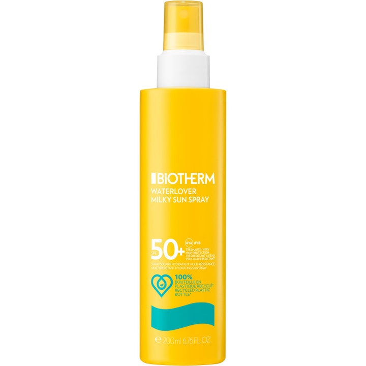 Biotherm Waterlover Milky Sun Spray 200ml fuktighetsgivende solspray SPF 50 i gul plastflaske med hvit spraypumpe.