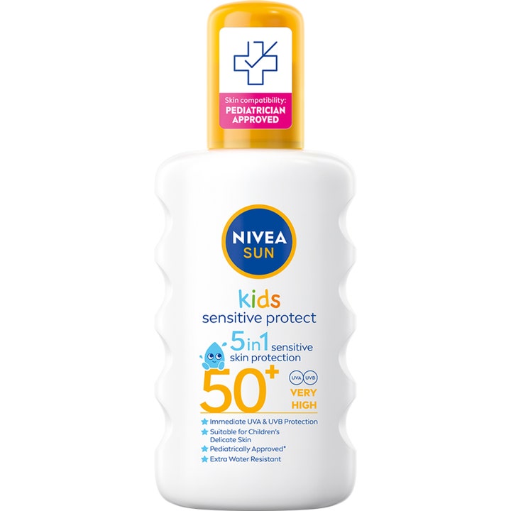 Nivea Sun Kids Sensitive Protect SPF 50+ solkrem i hvit sprayflaske med bølgeformet grep og gult lokk