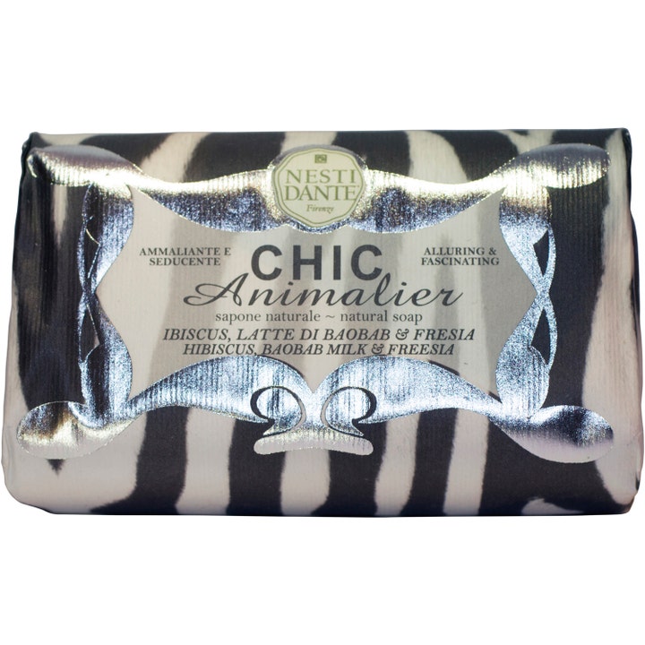 Nesti Dante Chic Animalier velluktende fast såpe i zebra-mønstret papiremballasje med glitrende sølvdetaljer