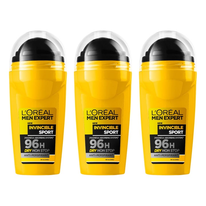 L'Oréal Men Expert Invincible Sport trepakning anti-perspirant gir 96 timer tørrhet i tre gule roll-on flasker.