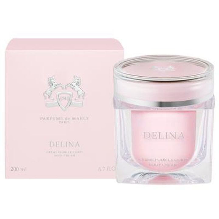 Parfums de Marly Delina 200 ml fuktighetsgivende body cream i rosa krukke med matchende eske