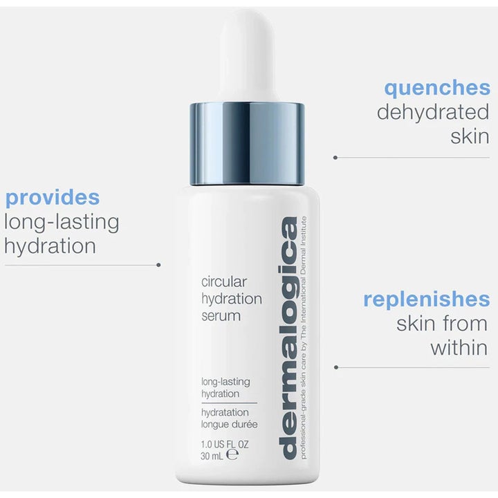 Dermalogica Circular Hydration Serum 30 ml fuktserum i hvit flaske med pipette og infotekst om fuktighet.