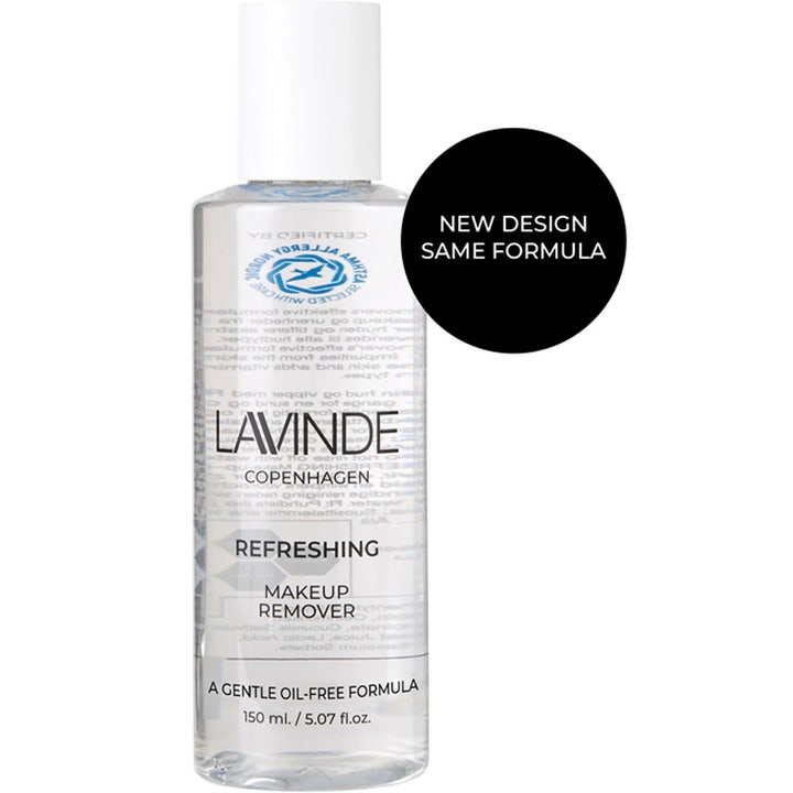 Lavinde Copenhagen Refreshing Eye Makeup Remover 150 ml oljefri rens i klar flaske med teksten New Design Same Formula