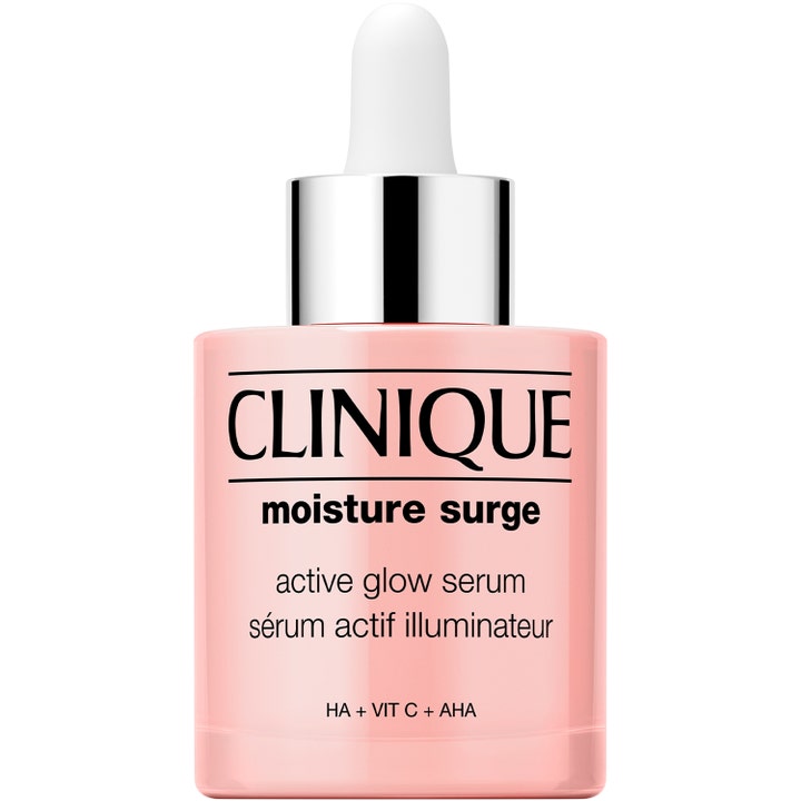 Clinique Moisture Surge Active Glow Serum glødgivende serum med vitamin C og AHA i rosa flaske med sølvfarget pipette