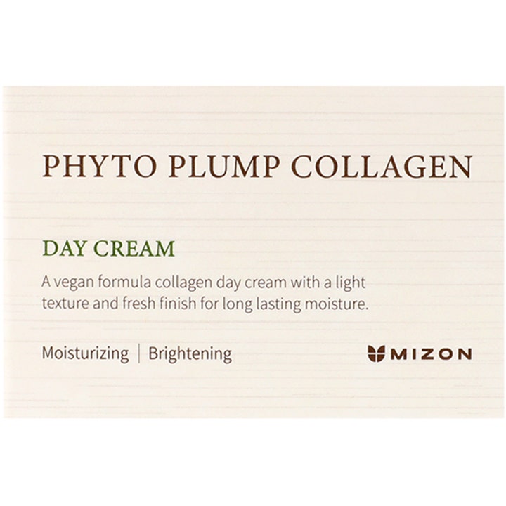 Mizon Phyto Plump Collagen Day Cream 50 ml fuktighetsgivende vegansk ansiktskrem vist på en lys beige etikett