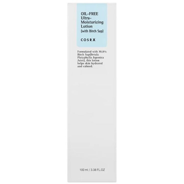 COSRX Oil Free Ultra Moisturizing Lotion 100 ml fuktighetsgivende ansiktskrem i hvit eske med lyseblå detaljer