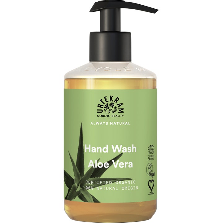 Urtekram Aloe Vera Hand Wash 300ml økologisk håndsåpe i klar flaske med svart pumpe og grønn etikett med aloe-blader.