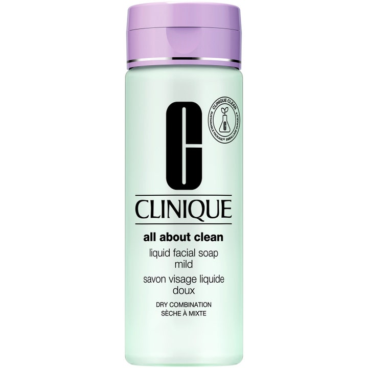 Clinique All About Clean Liquid Facial Soap Mild 200ml mild ansiktsrens for tørr hud i mintgrønn flaske med lilla kork