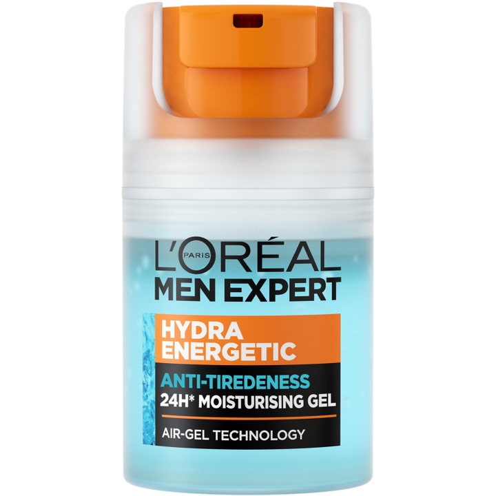 L'Oréal Men Expert Hydra Energetic 50ml fuktighetsgel mot tretthetstegn i pumpeflaske med lyseblå gel og oransje detaljer.