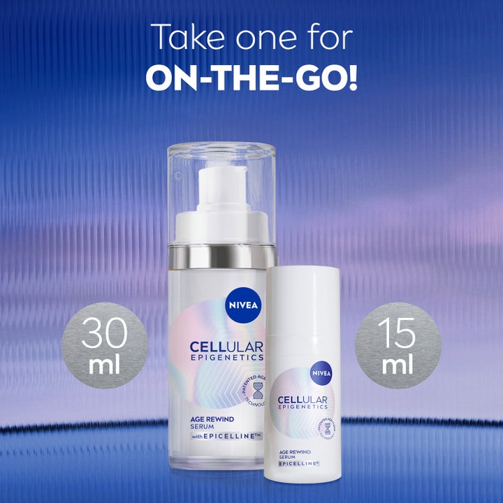 NIVEA Cellular Epigenetics Age Rewind Epicelline 15 ml og 30 ml serum i hvite flasker som motvirker aldringstegn.
